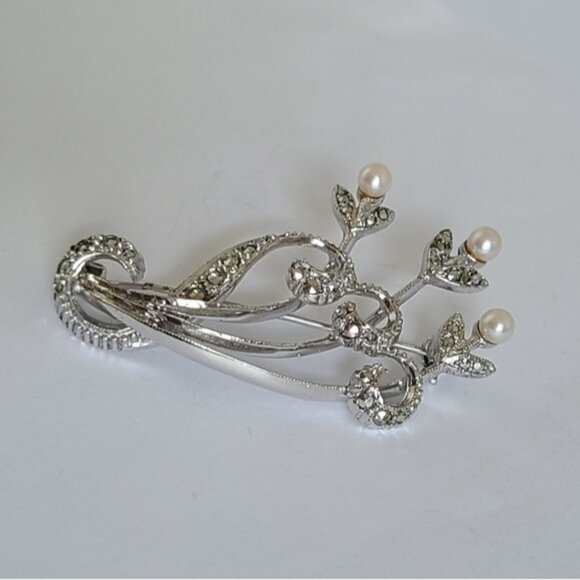 Vintage Boho Sterling Silver Marcasite Crystal Pearl Flower Brooch Pin - Picture 2 of 10